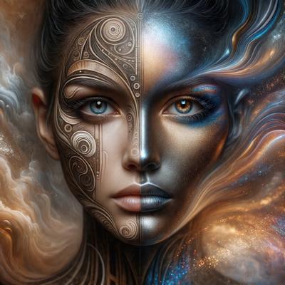 The primary subject of the image is a woman with a unique and intricate tattoo design on her face. The setting is a space-themed background, which adds to the overall visual style of the image. The woman's face is the main focus of the image, and the colors and mood convey a sense of mystery and artistic expression.